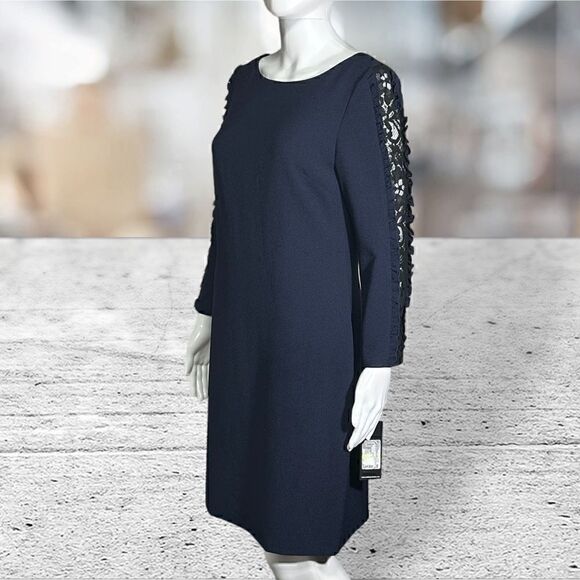 Karl Lagerfeld Long Sleeve Lace Strip Sheath Mini Dress - Picture 1 of 12